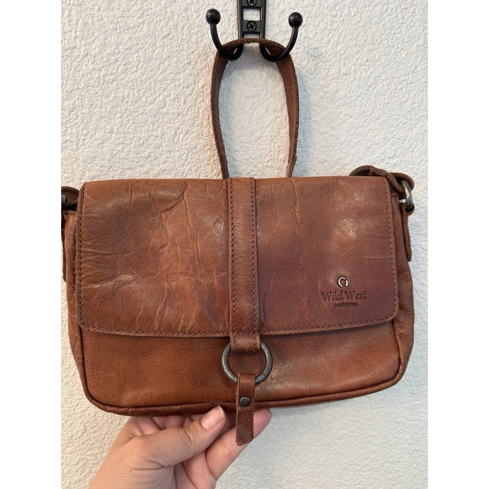 Wild West Los Angeles Oxblood Brown Leather Crossbody Bag Purse Plaid Lining EUC